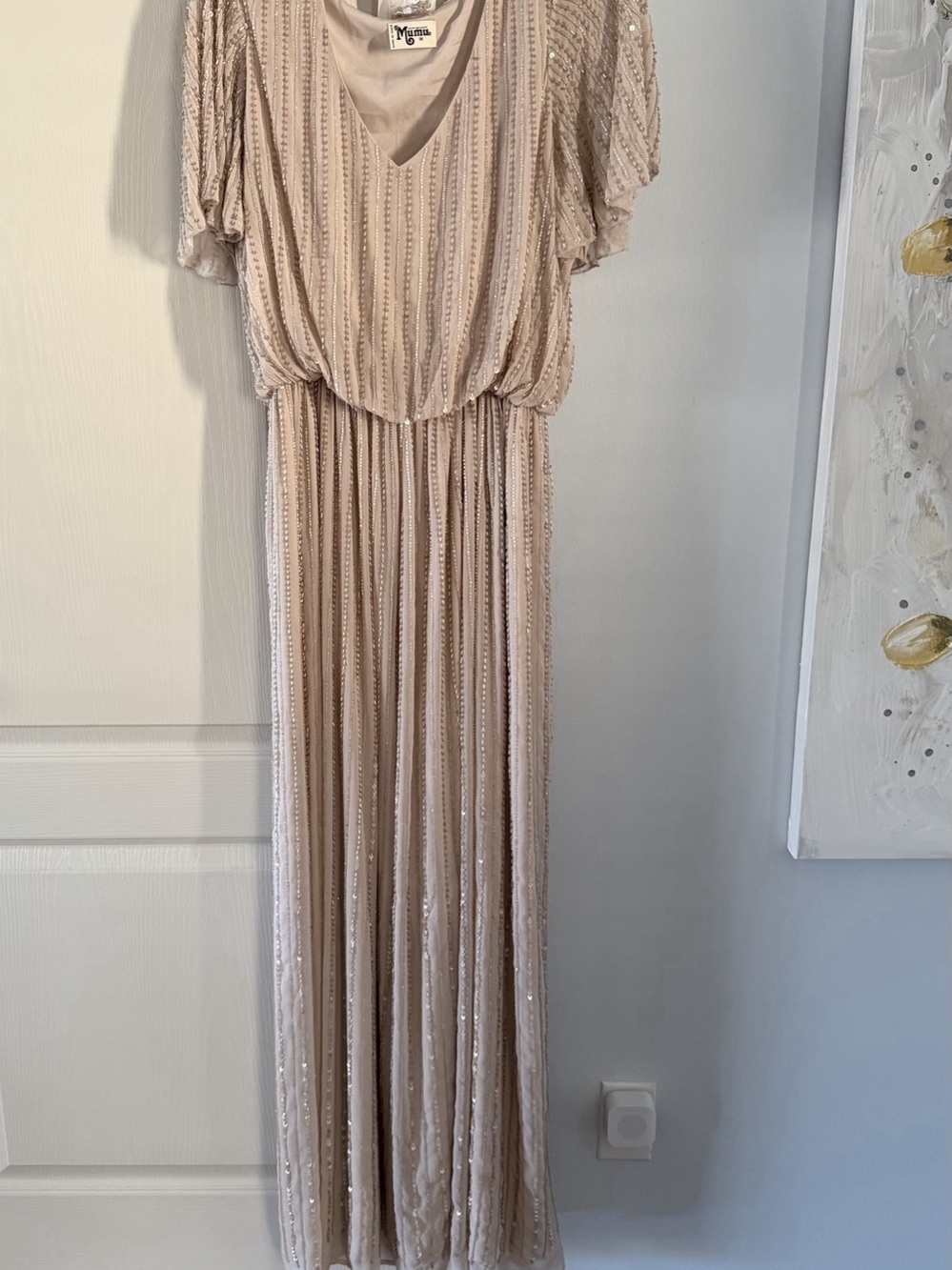 Show Me Your Mumu NWT 1X Champagne Beaded Sequin Flutter Sleeve Gown